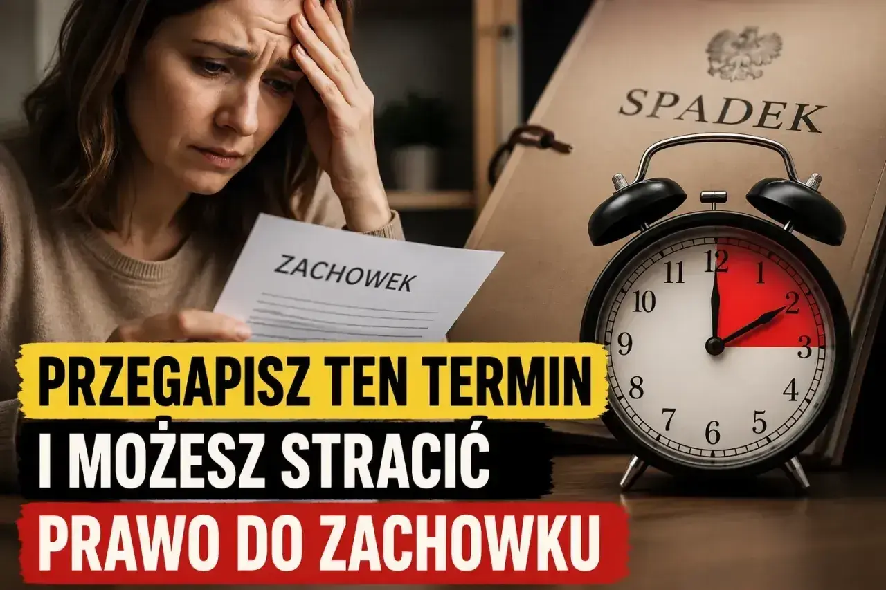 Zmartwiona kobieta trzyma dokument "Zachowek". Obok budzik i akta "Spadek". Uważaj na przedawnienie, by nie stracić prawa do zachowku.