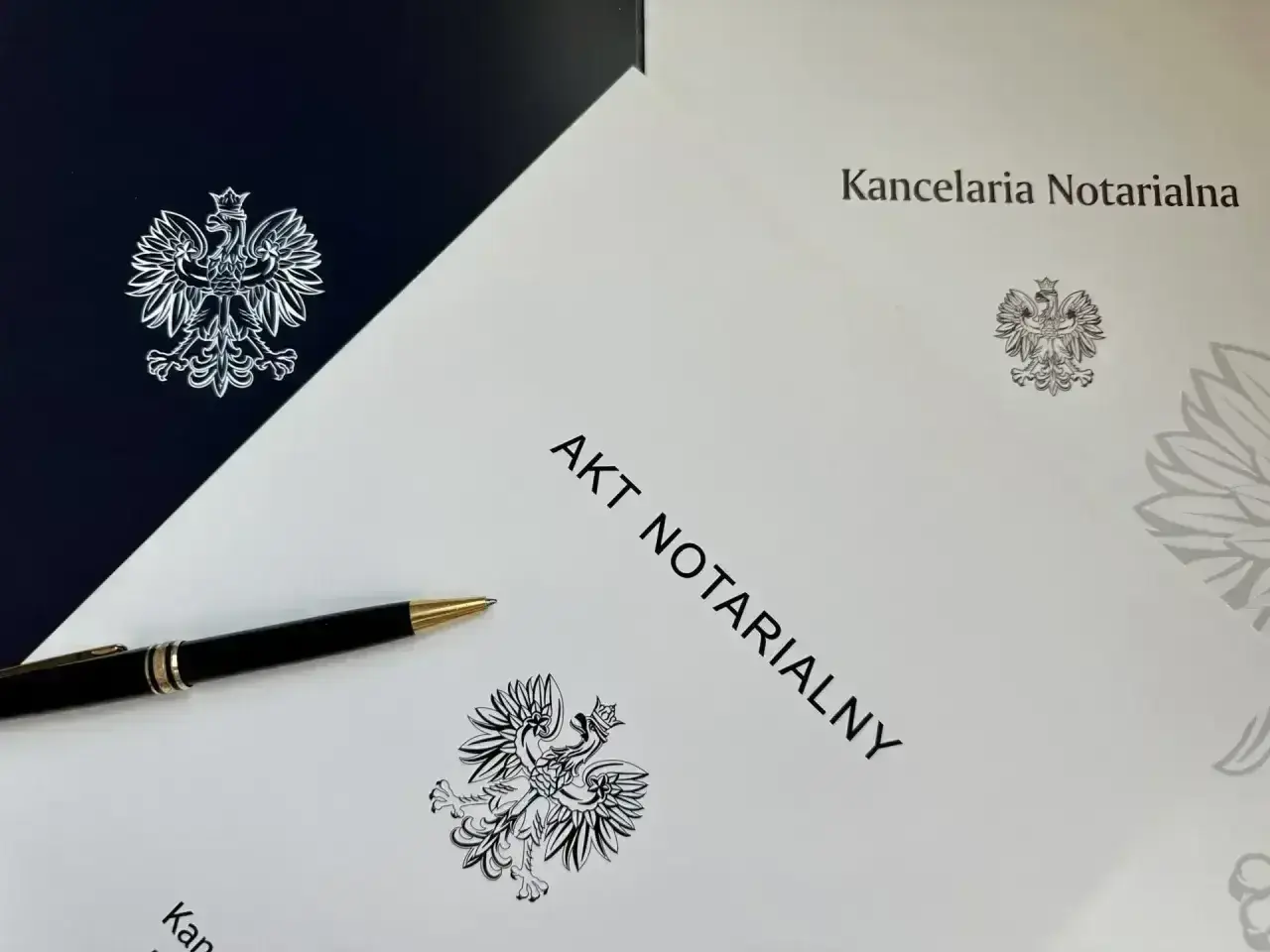 Akt notarialny, długopis i godło Polski. Dokumenty kancelarii notarialnej, przygotowane do podpisania darowizny od obcej osoby.