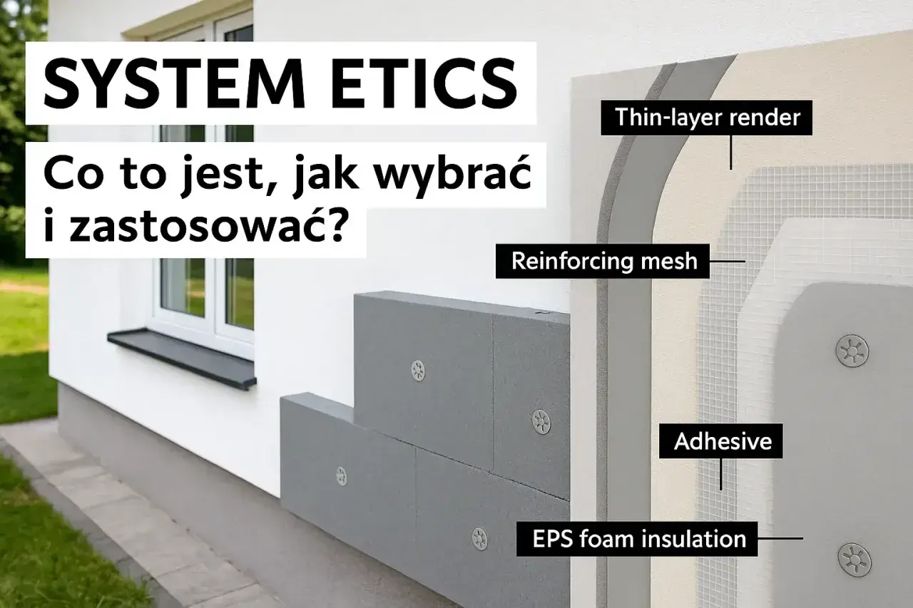 Ocieplenie jednej ściany budynku metodą ETICS: warstwy izolacji ze styropianu, siatki zbrojącej i tynku.
