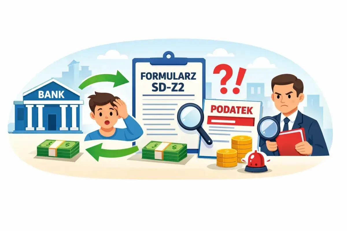Zaskoczony mężczyzna z pieniędzmi przed bankiem, formularz SD-Z2 i urzędnik analizujący podatek. Umowa darowizny pieniędzy może budzić wątpliwości.