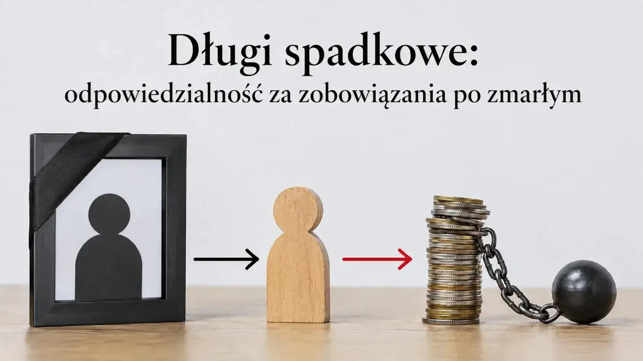 Obrazek symbolizuje długi spadkowe. Czarna ramka ze wstęgą żałobną, drewniana postać i stos monet z kulą u łańcucha. To jak spis inwentarza zobowiązań po zmarłym.