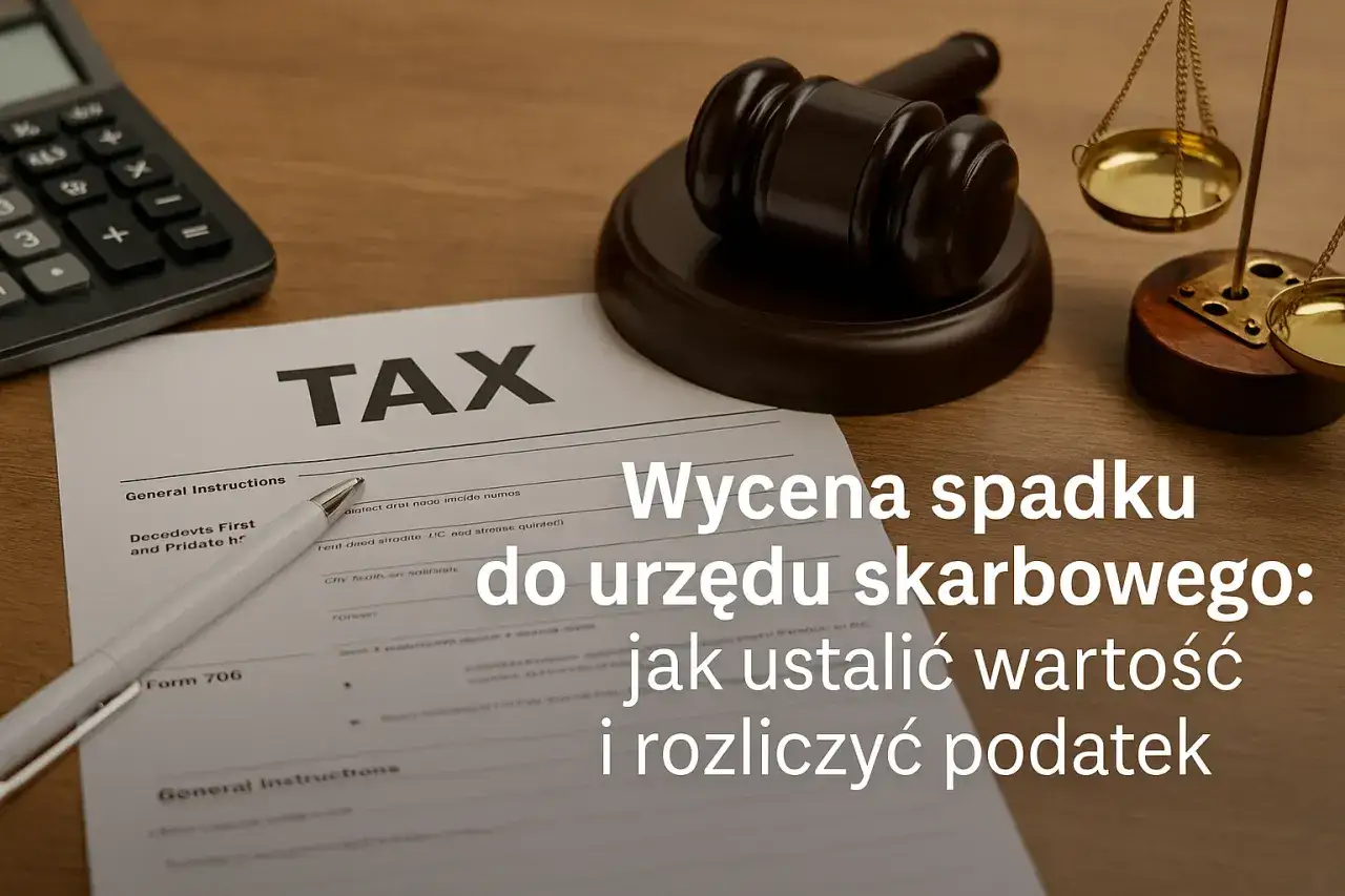 Jak wyliczyć podatek od spadku przykład: dokumenty, kalkulator, młotek sędziowski i waga szalkowa symbolizują proces wyceny spadku i rozliczenia z urzędem skarbowym.