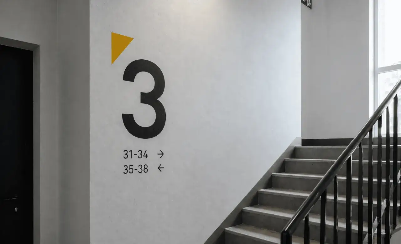 Na ścianie klatki schodowej widnieje duża cyfra 3, wskazująca piętro. Obok znajdują się numery mieszkań i strzałki, przypominające o regulaminie wspólnoty mieszkaniowej.