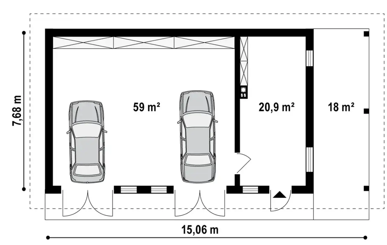 Rzut garażu dwustanowiskowego z pomieszczeniem gospodarczym. Całkowita powierzchnia użytkowa garażu to 97,9 m².