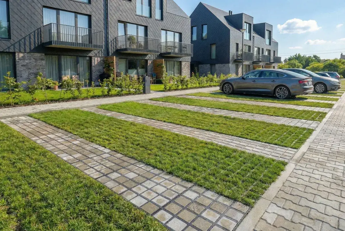 Nowoczesne budynki mieszkalne z zielonymi parkingami. Tereny wokół wspólnot mieszkaniowych są zadbane, z trawnikami i betonową kostką.
