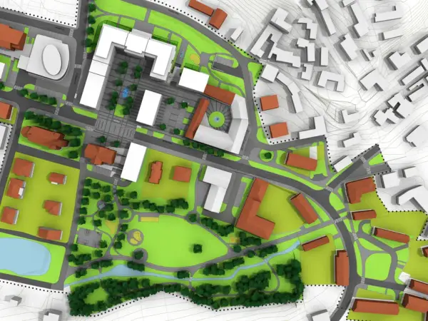 Wizualizacja urbanistyczna z budynkami, zielenią i drogami. Pokazuje, jak ominąć plan zagospodarowania przestrzennego, tworząc nowe rozwiązania.