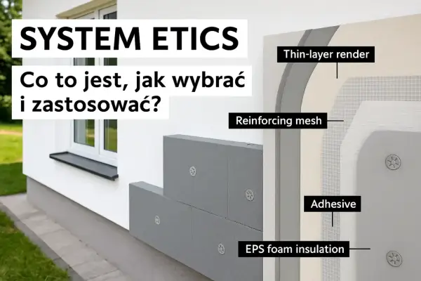 Ocieplenie jednej ściany budynku metodą ETICS: warstwy izolacji ze styropianu, siatki zbrojącej i tynku.